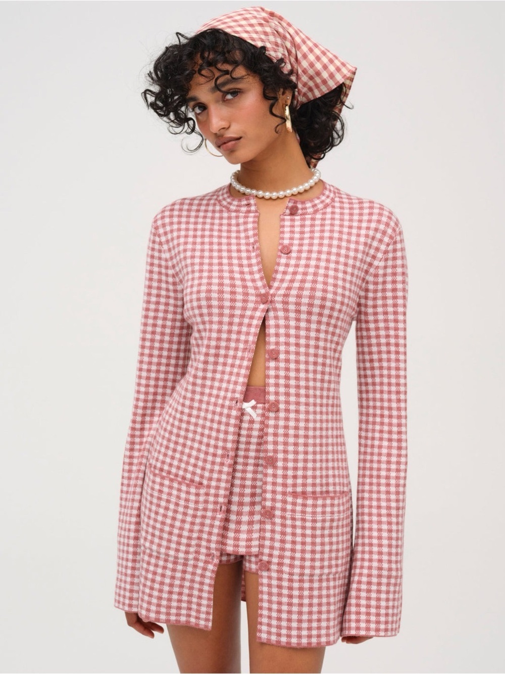 NWT For Love and Lemons Gingham Long Cardigan Jacket Mauve XS